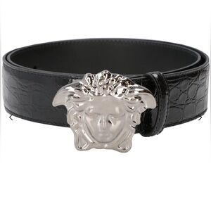 Authentic Silver Medusa Buckle Black Leather Men's Versace Belt 115/46 used